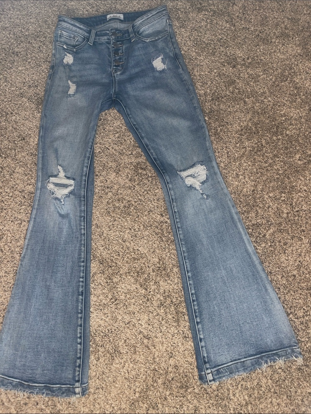 Distressed Light Blue Flared Jeans with Button Fly